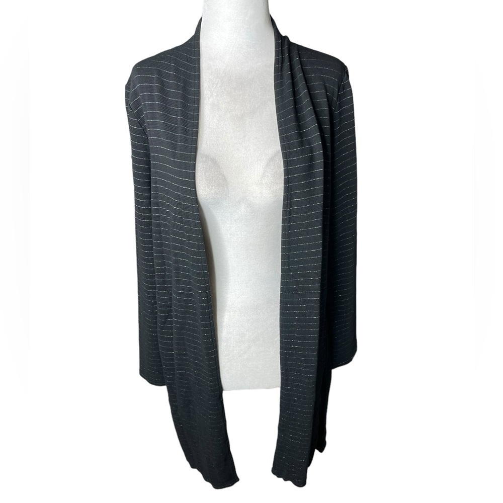 J Jill Wearever Collection Long Open Cardigan Black Metallic Silver Strips XS